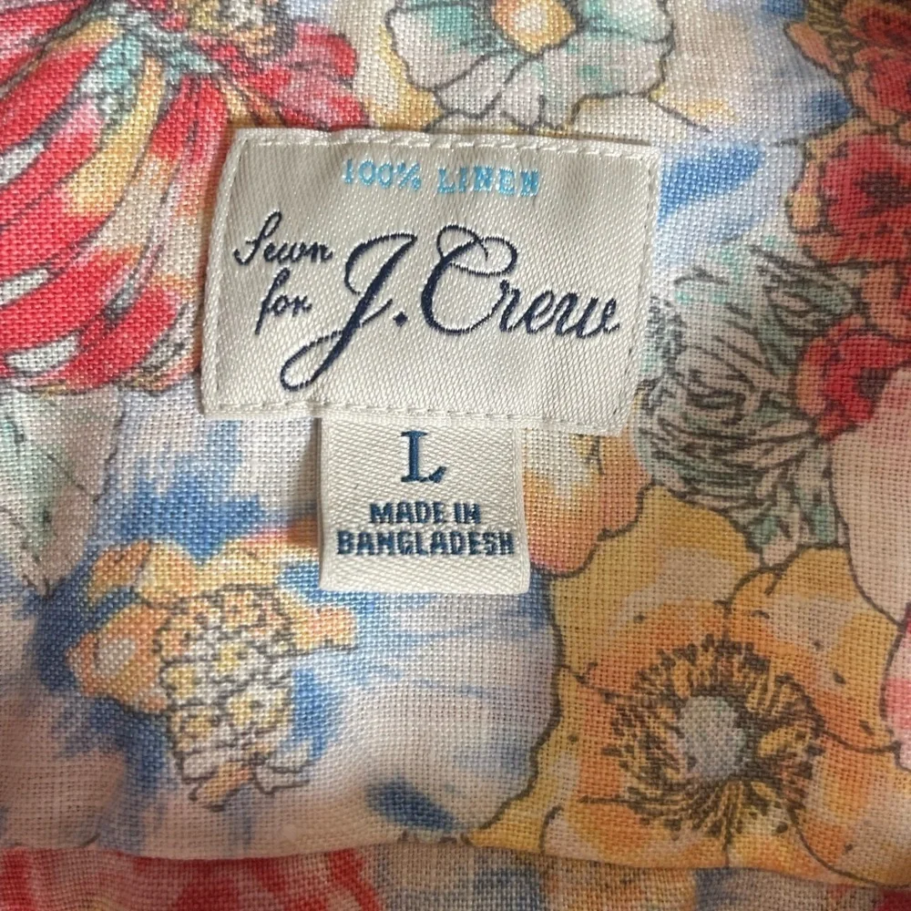 J. Crew Floral Shirt Men's Sz L 100% Linen Camp Collar Button Up Short Sleeve
